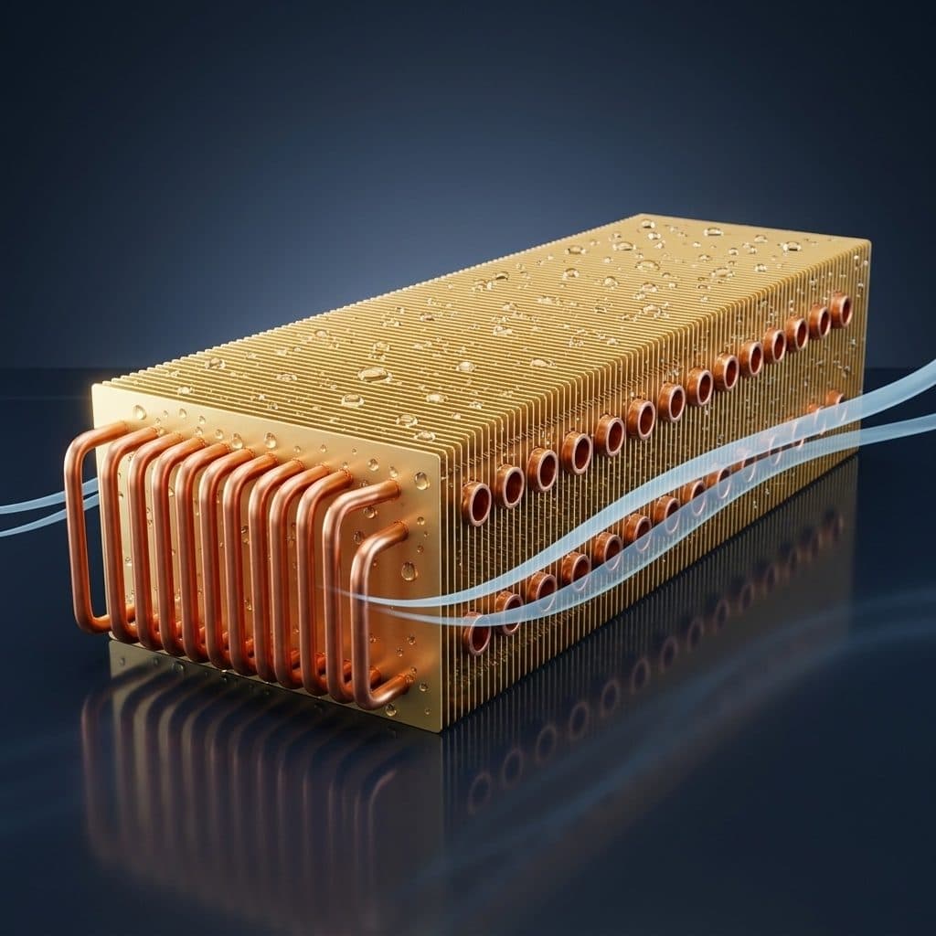 A rectangular block of closely spaced metallic gold aluminium fins with copper U-bends and open copper tube ends, beaded with water droplets, stands on a glossy navy studio floor with a soft reflection while two thin translucent pale-blue air ribbons curve across it.