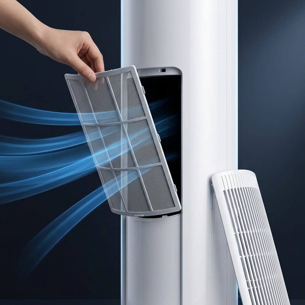 A hand lifts a flat grey-framed mesh filter out of an opening in the back of a gloss-white cylindrical air-conditioner tower, with the slatted white intake grille panel leaning against the tower and blue air ribbons drawn into the opening, against a dark navy studio wall.
