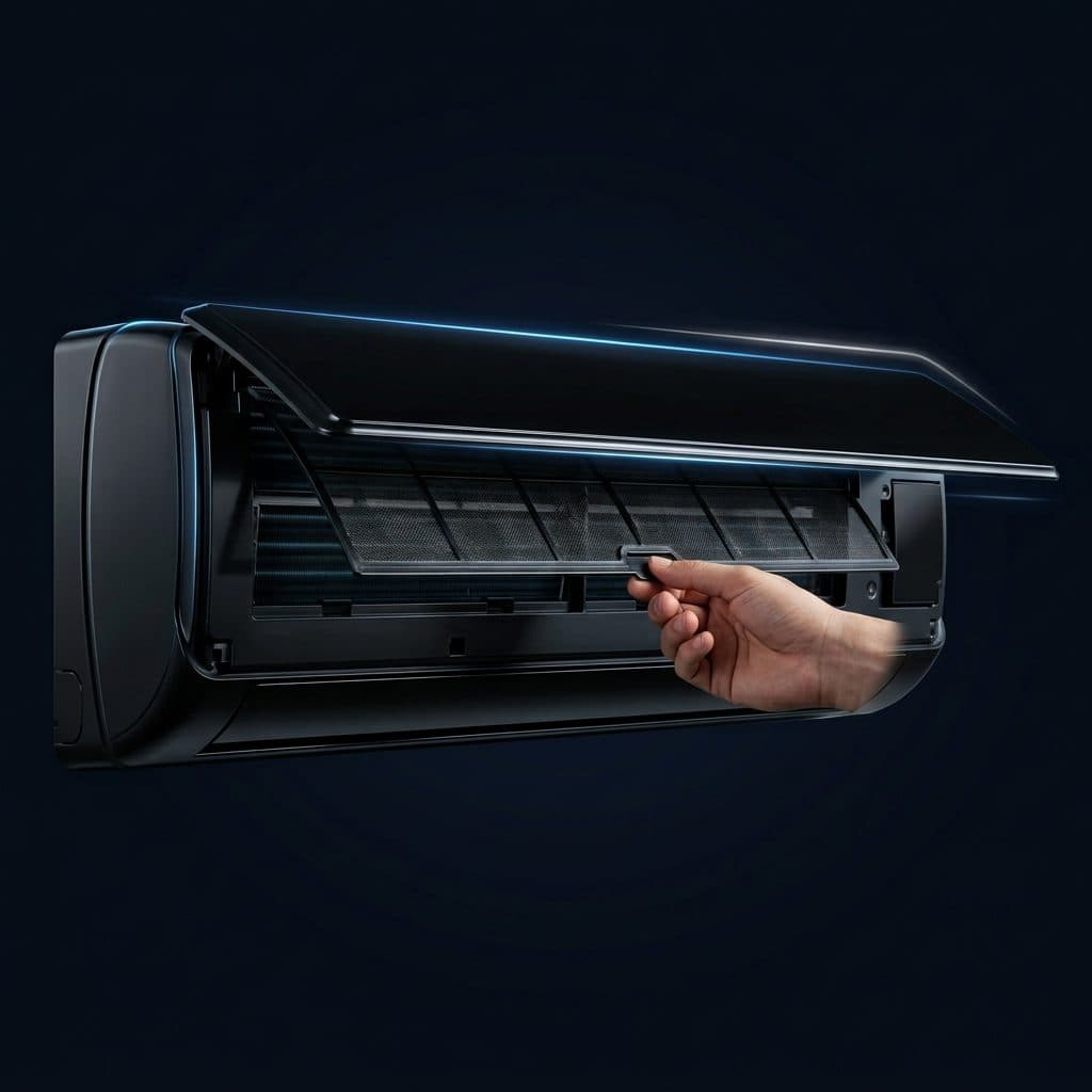 A hand grips a tab on a mesh filter and slides it out from beneath the raised front panel of a sleek black wall-mounted split-AC indoor unit, shown against a near-black background with an electric-blue light trail along the panel's top hinge edge.