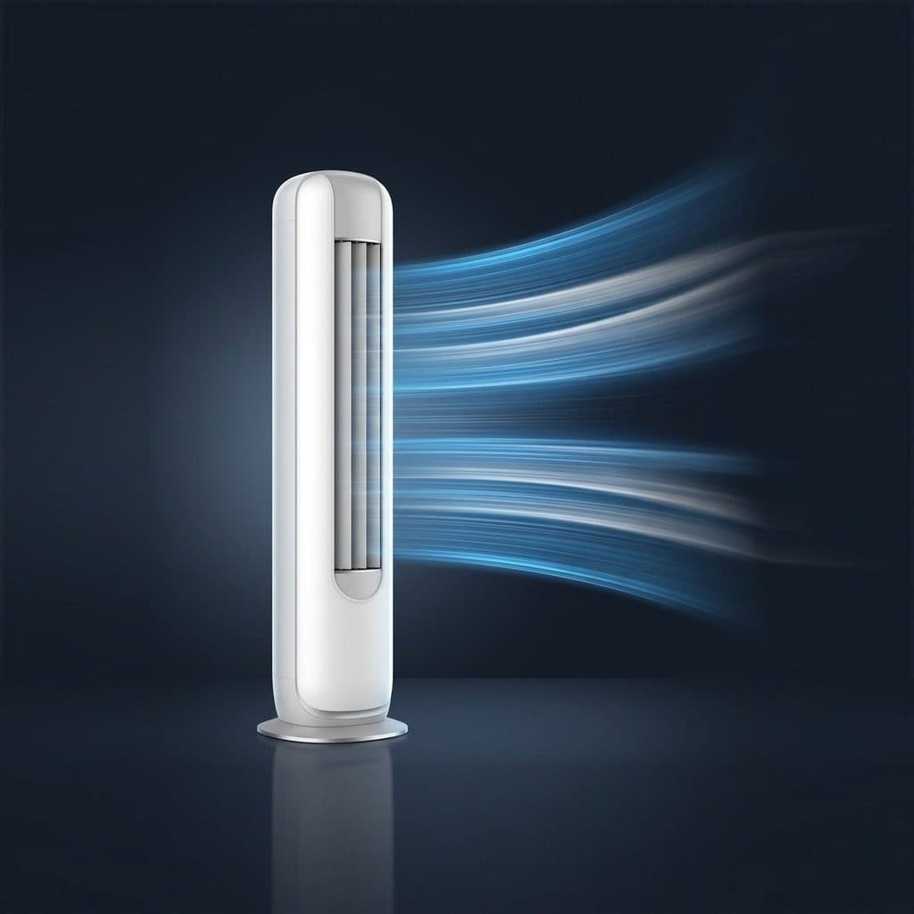 A white cylindrical floor-standing air conditioner turned toward the right on a round silver base in a dark navy studio, with long blue and white air streaks sweeping out of its tall vertical louvre to the right.