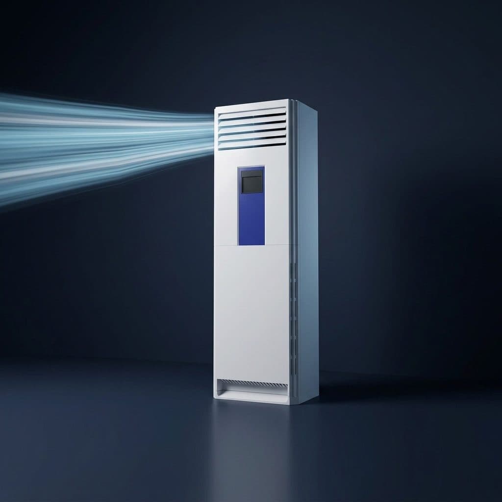A white floor-standing tower air conditioner with a royal-blue control panel stands on a dark navy studio floor in front of a navy back wall, and one concentrated jet of ice-blue air leaves its top louvre grille and streaks out to the left.