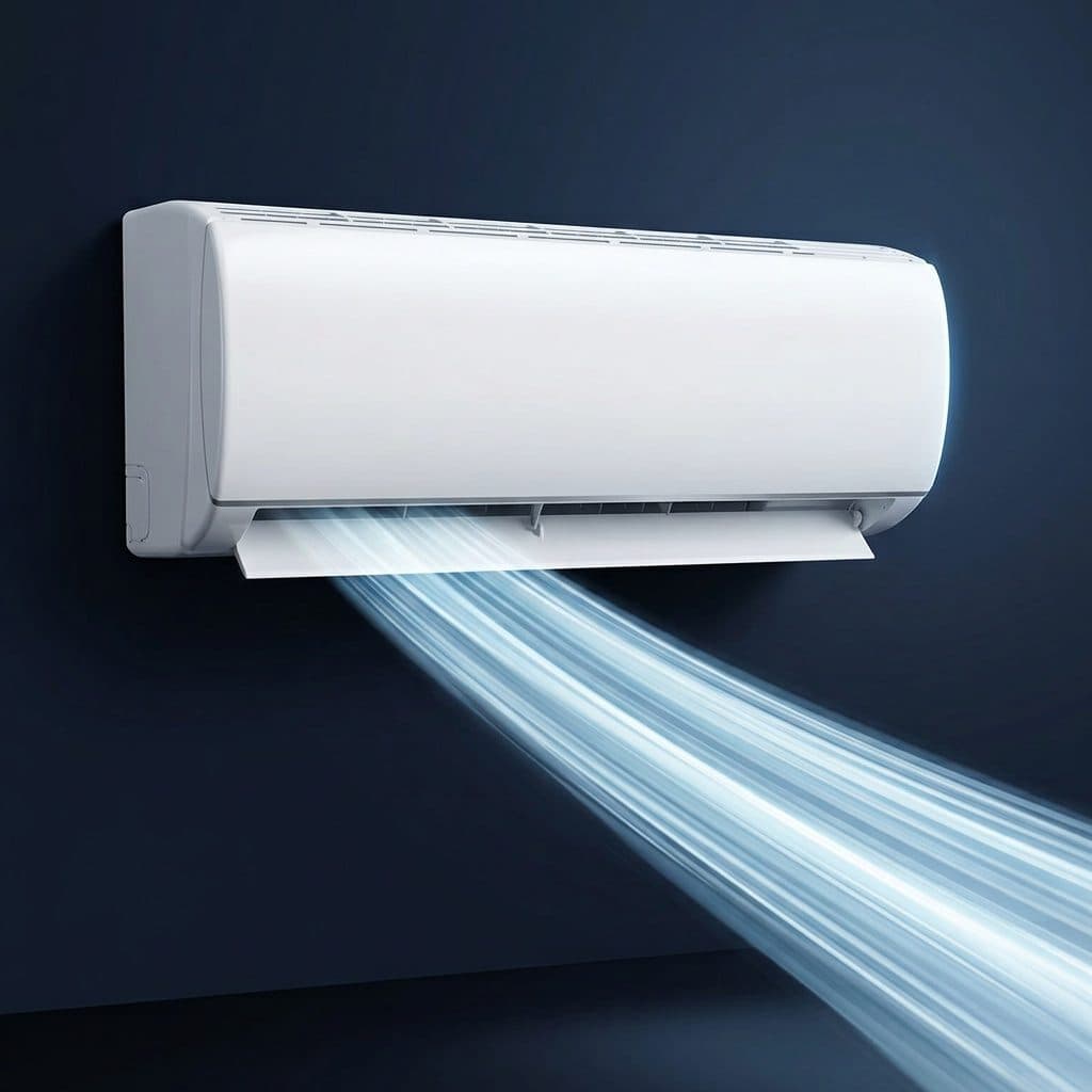 A white wall-mounted air conditioner hangs high on a dark navy wall, and a long, concentrated stream of pale blue light ribbons blows forward and down from its open bottom louver.