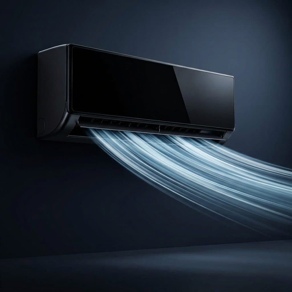 A gloss-black wall-mounted split air conditioner hangs high on a dark navy studio wall, with long pale-blue airflow ribbons sweeping out of its bottom outlet towards the lower right.