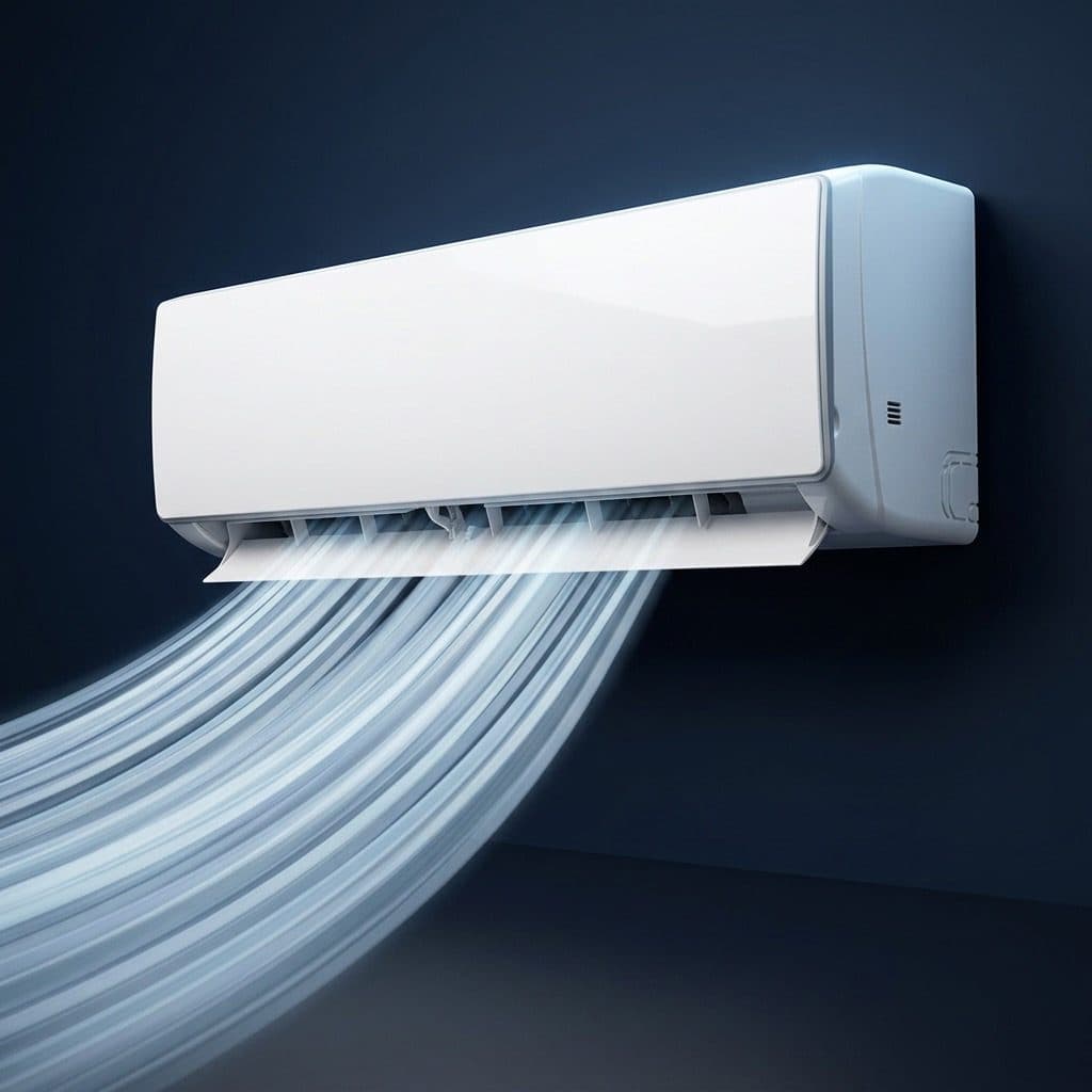 A large white split air conditioner hangs high on a dark navy wall and sends a long, fast sweep of clean airflow ribbons down and to the left from its open bottom louver.
