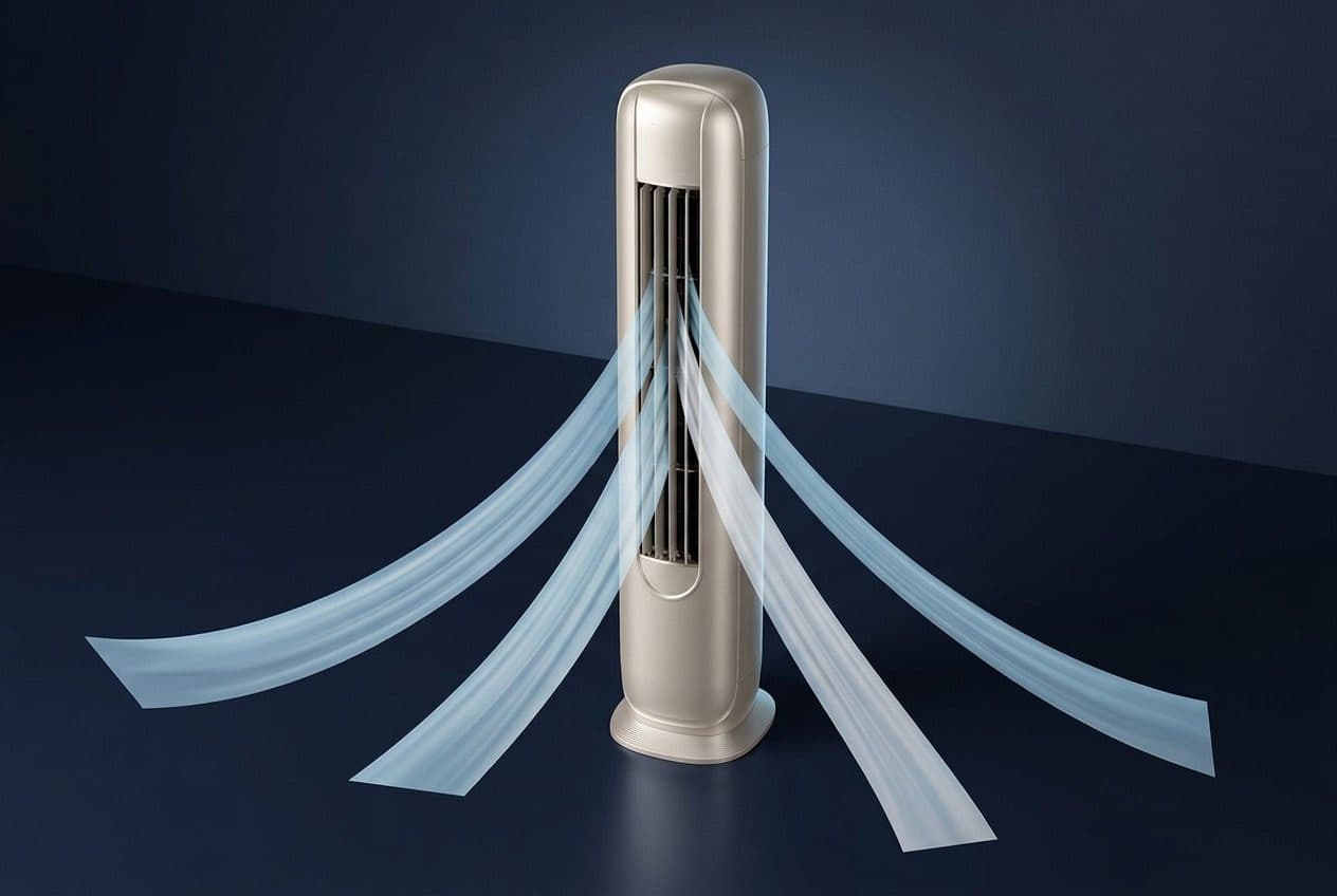 A champagne floor-standing air conditioner stands on a navy studio floor against a dark wall, and four separate translucent blue air ribbons fan out from its front louvre slot to the left, right, forward-left and forward-right.