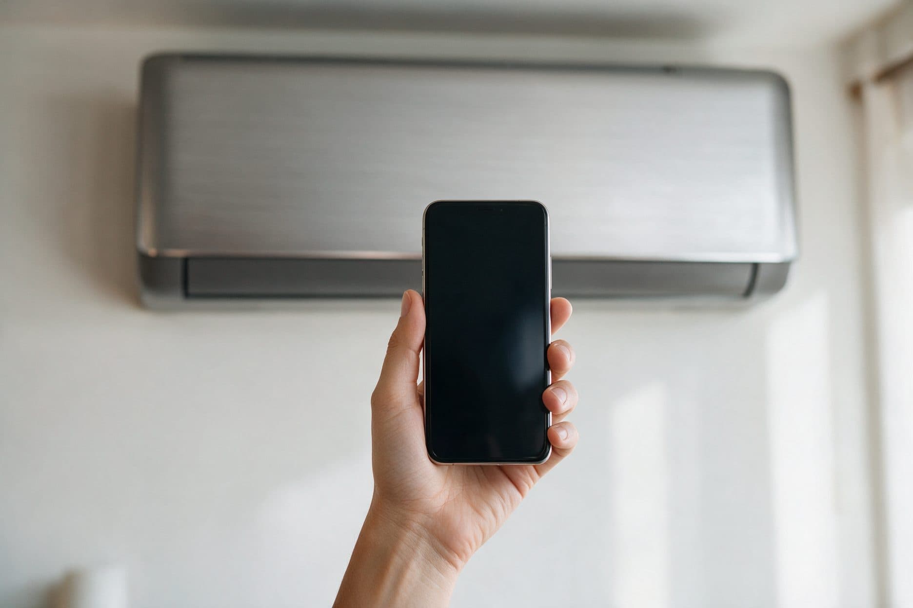 A hand holds a phone with a blank screen up in front of a silver wall-mounted split AC unit in a bright, softly lit white room with a sheer curtain in the background.