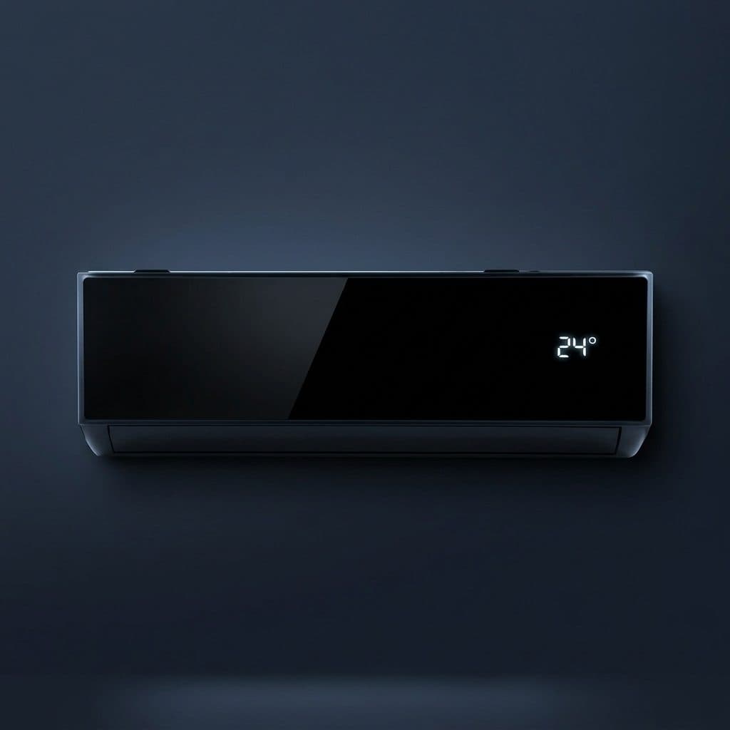 A black wall-mounted air conditioner indoor unit with a flat glossy front panel hangs on a dark navy studio wall, and small ice-white digits reading 24° glow through the upper right of the panel.