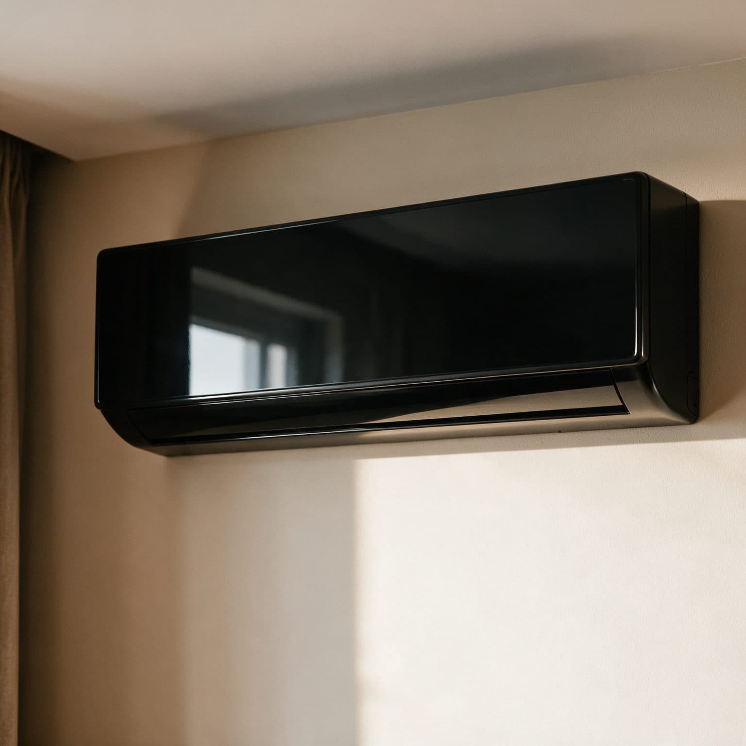 A black glossy split air conditioner indoor unit is mounted on a beige bedroom wall in warm daylight, its mirror-finish front panel reflecting a soft window silhouette.