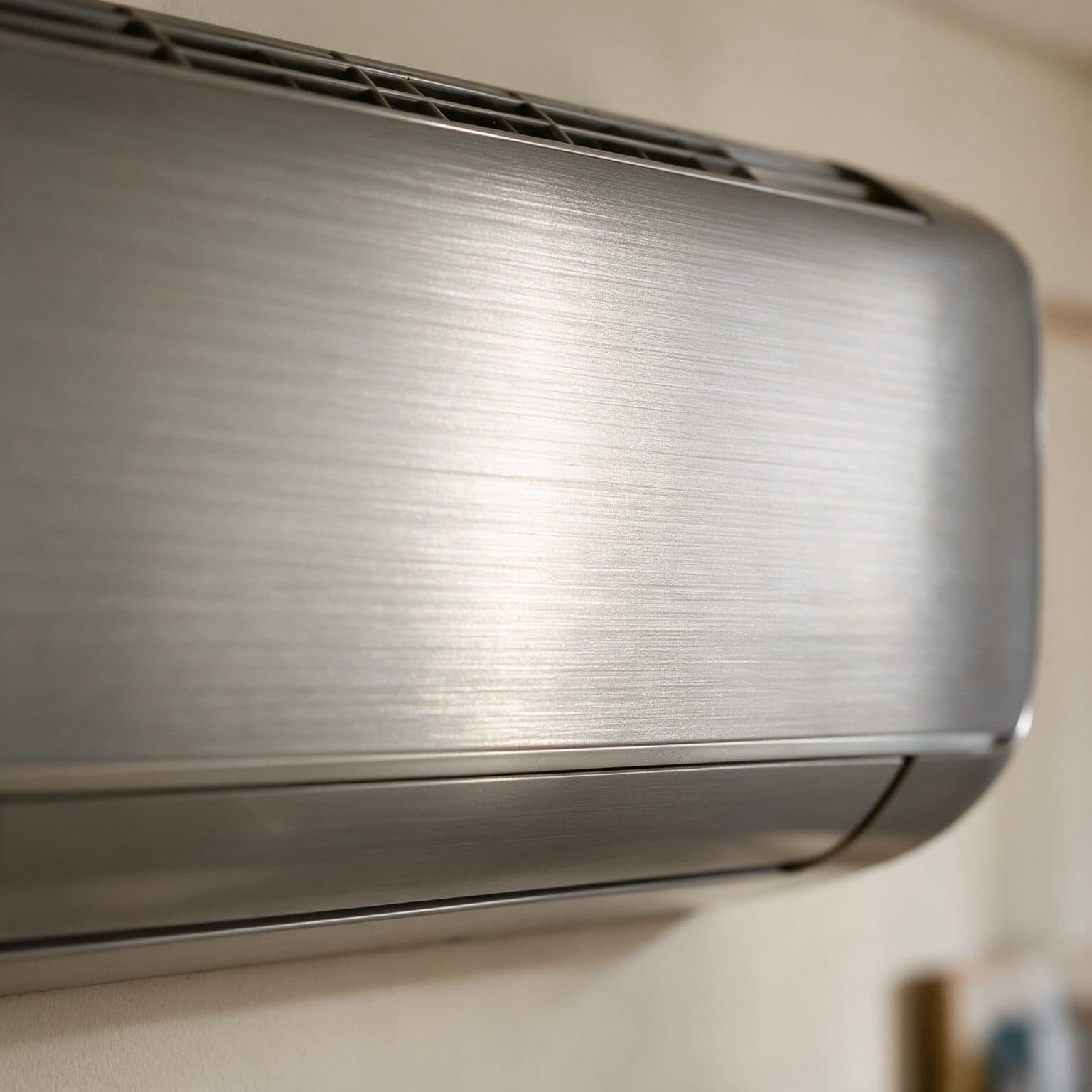 A close-up macro of the brushed metal front panel of a wall-mounted split air conditioner indoor unit, angled to show the vent grille at top and the cabinet's curved edge, in a warm-toned home interior.