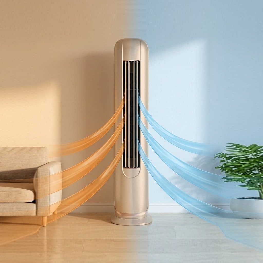 A champagne floor-standing air conditioner stands against a living-room wall that shades from warm amber beside a sofa to cool ice-blue beside a plant, with orange air ribbons flowing left and blue ribbons flowing right from the same front louvre.