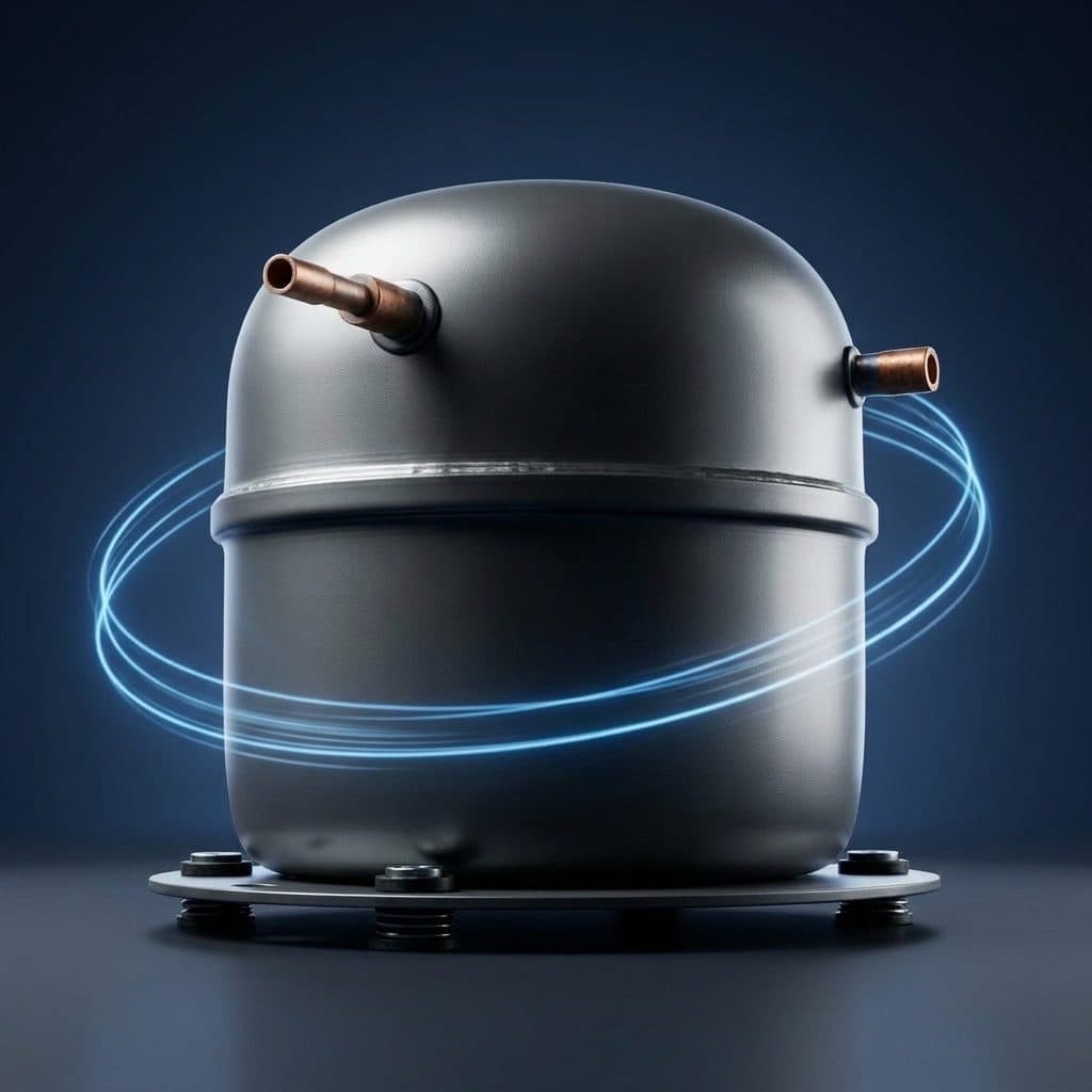 A matte grey hermetic compressor dome with two short copper stubs sits on a round mounting plate on a dark studio floor in front of a navy gradient wall, with thin blue light rings orbiting its body.