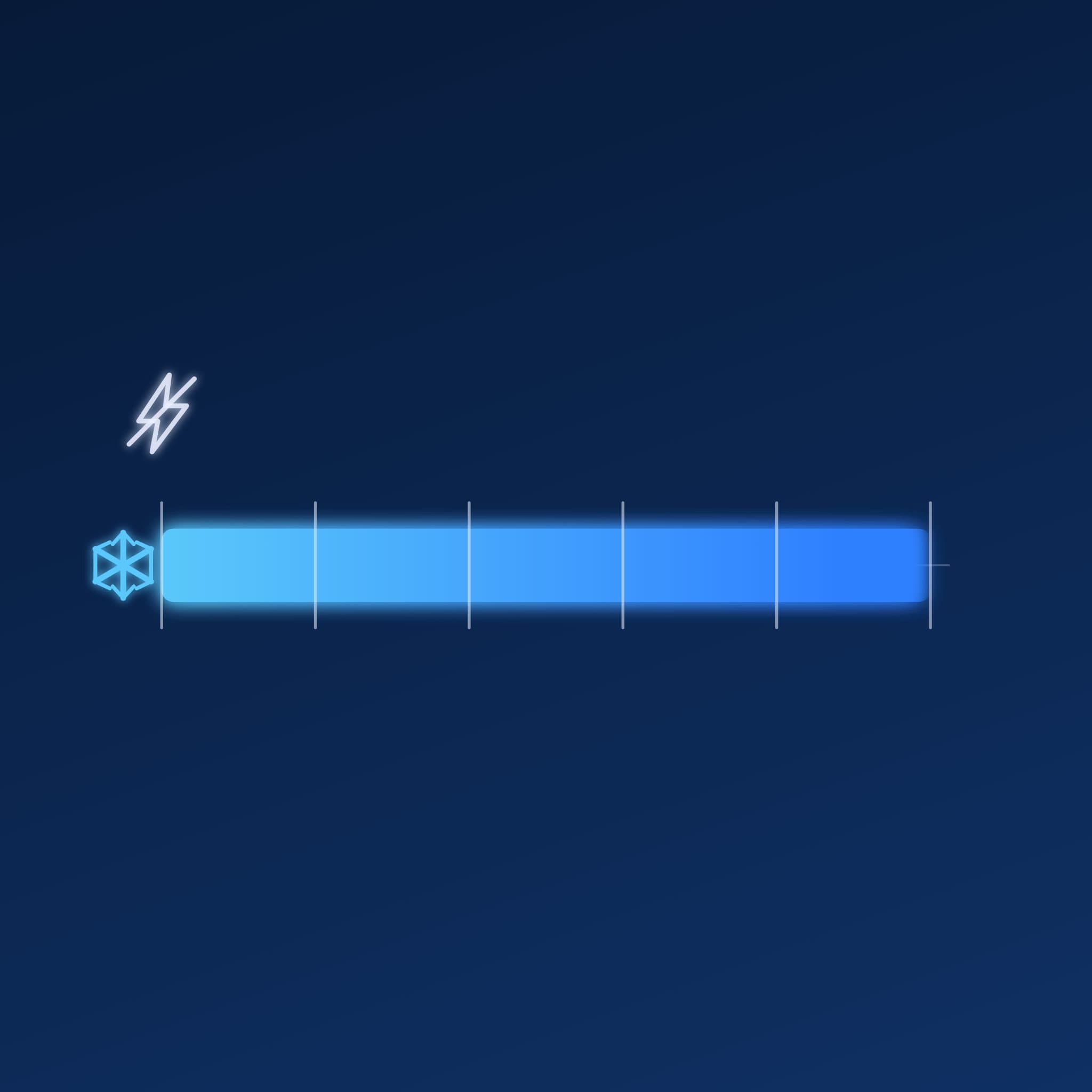 A dark navy chart: a power-off glyph and a snowflake above a five-segment timeline whose glowing cold-hold bar stays full across every segment.