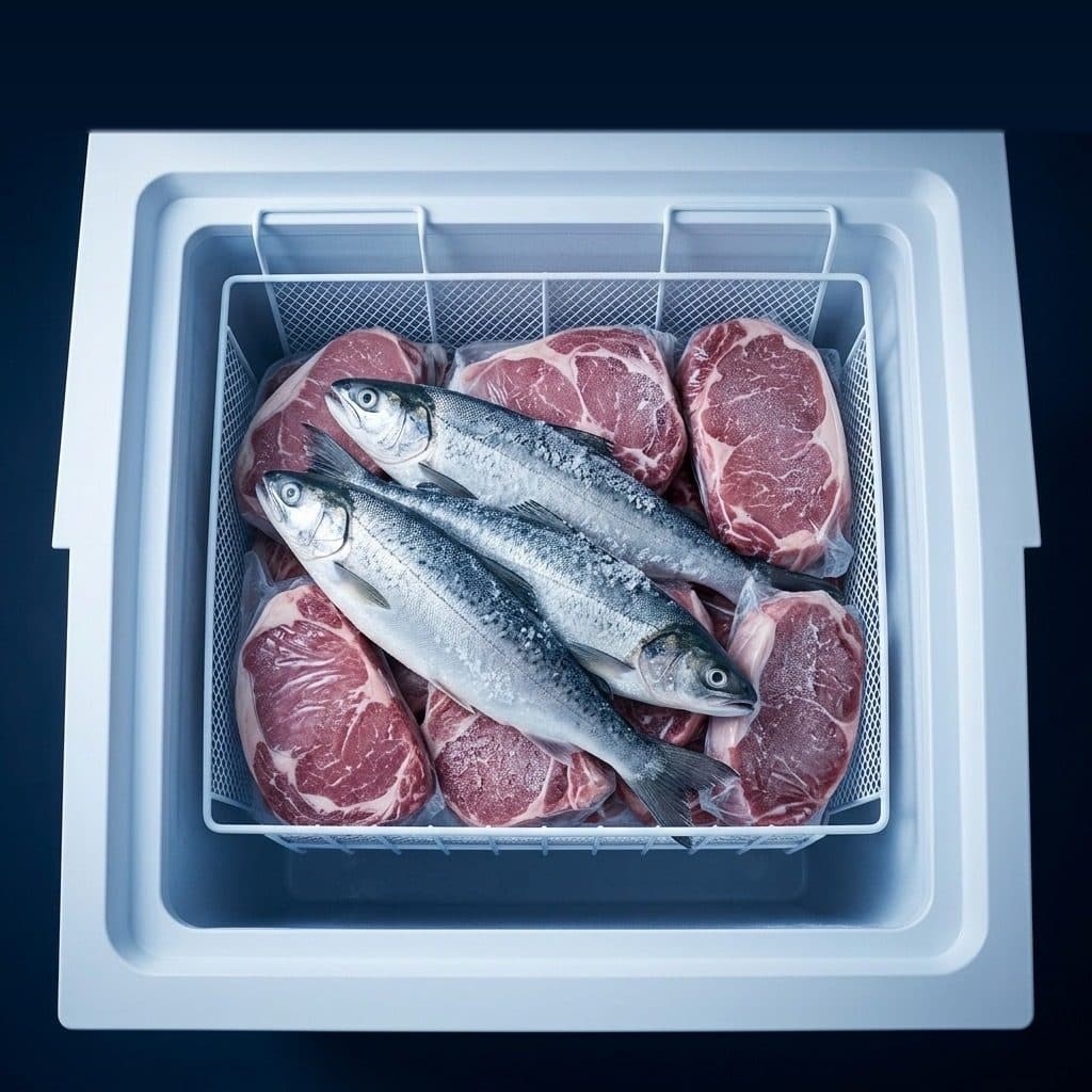 An open white chest freezer, seen from above against a dark navy studio, holds one white wire basket filled with frosted whole fish and vacuum-wrapped steaks.