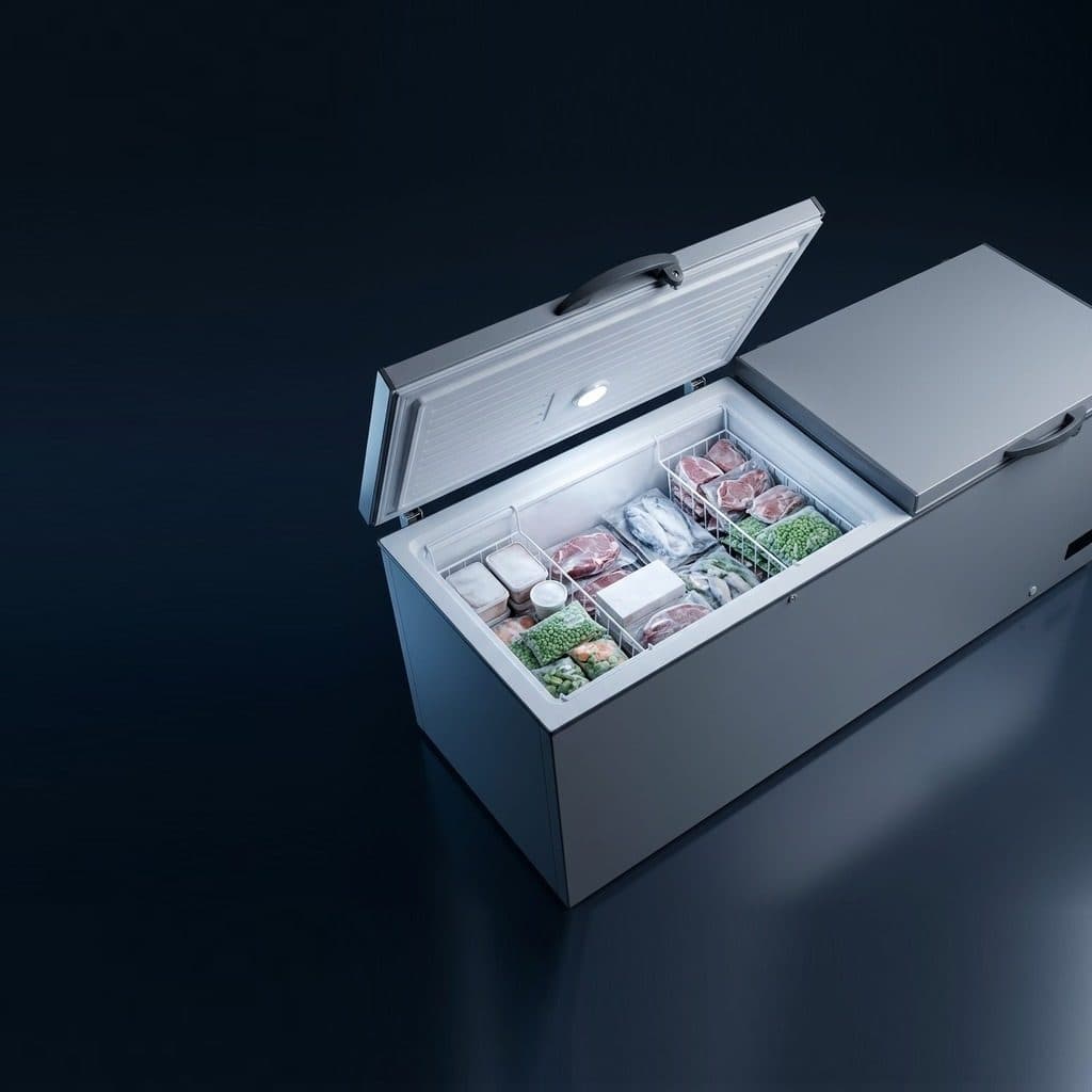 A large silver chest freezer with its left lid lifted open shows a compartment packed with wrapped meat, fish, frozen peas and vegetables, tubs and a white box in wire baskets, lit from a small round lamp in the lid liner, in a dark navy studio.