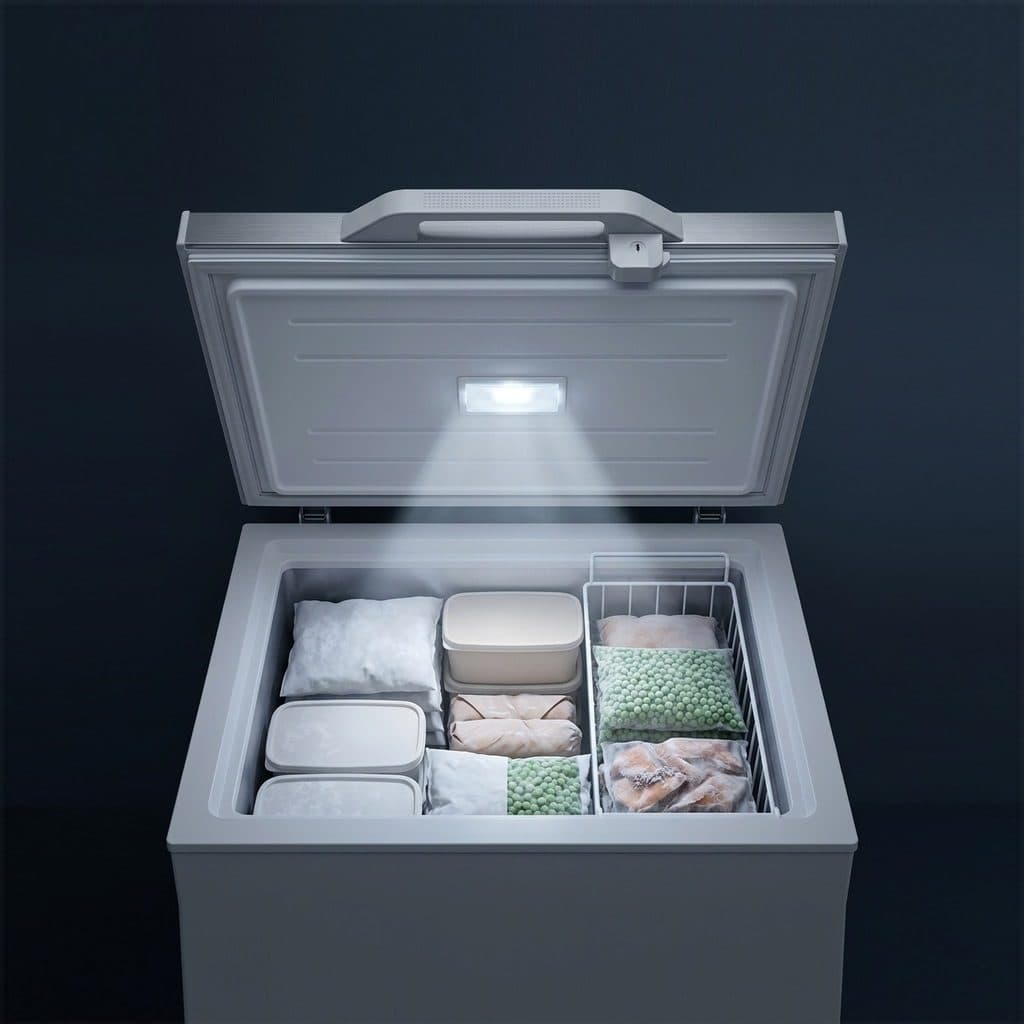 A light grey chest freezer stands open against a dark navy studio backdrop, a small lamp in the underside of the raised lid shining a cool white beam down onto stacked frozen packs, tubs, peas and a wire basket inside the tub.