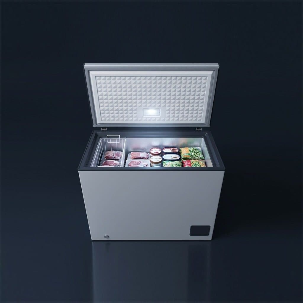 A grey chest freezer with its lid hinged open at the back stands on a dark studio floor, a small lamp in the lid shining down on neatly stacked frozen meat, ice-cream tubs and vegetable bags, with one wire basket hanging from the rim.