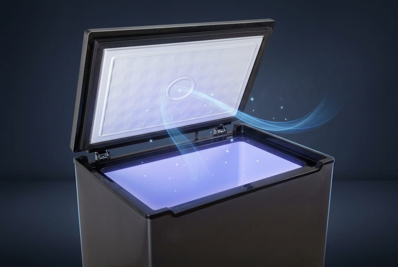 A black chest freezer stands with its lid raised against a dark navy studio backdrop, its empty white liner glowing violet-blue with fine specks of light and one thin blue ribbon curling from the round emblem on the lid.