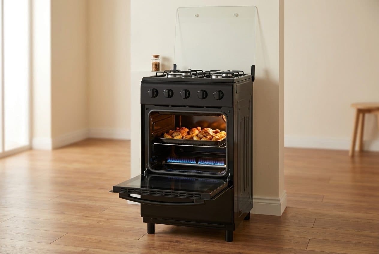 A black 50 x 50 gas cooker stands on a wood floor against a pale wall with its glass lid raised over four pan-supported burners, the oven door dropped open showing a tray of roast chicken above a row of blue gas flames, with the storage drawer below.