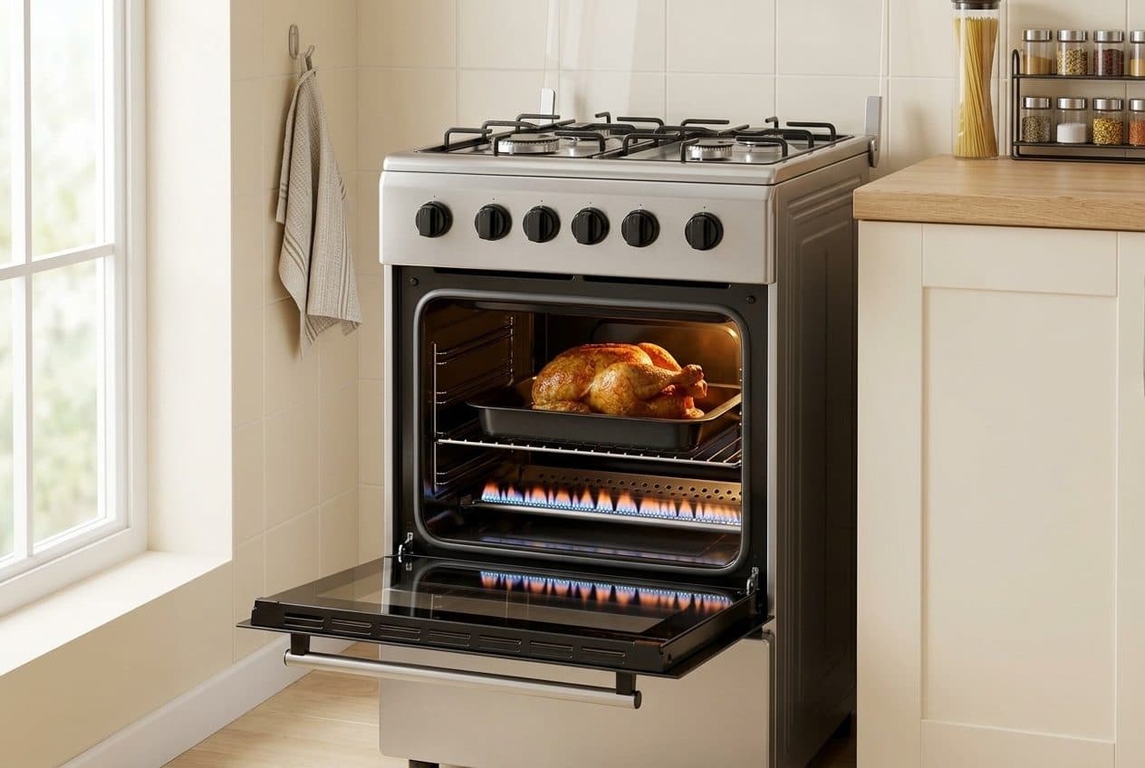 A silver four-burner freestanding gas cooker stands in a bright kitchen with its oven door lowered open, showing a roast chicken in a tray on a rack above a row of blue gas flames.