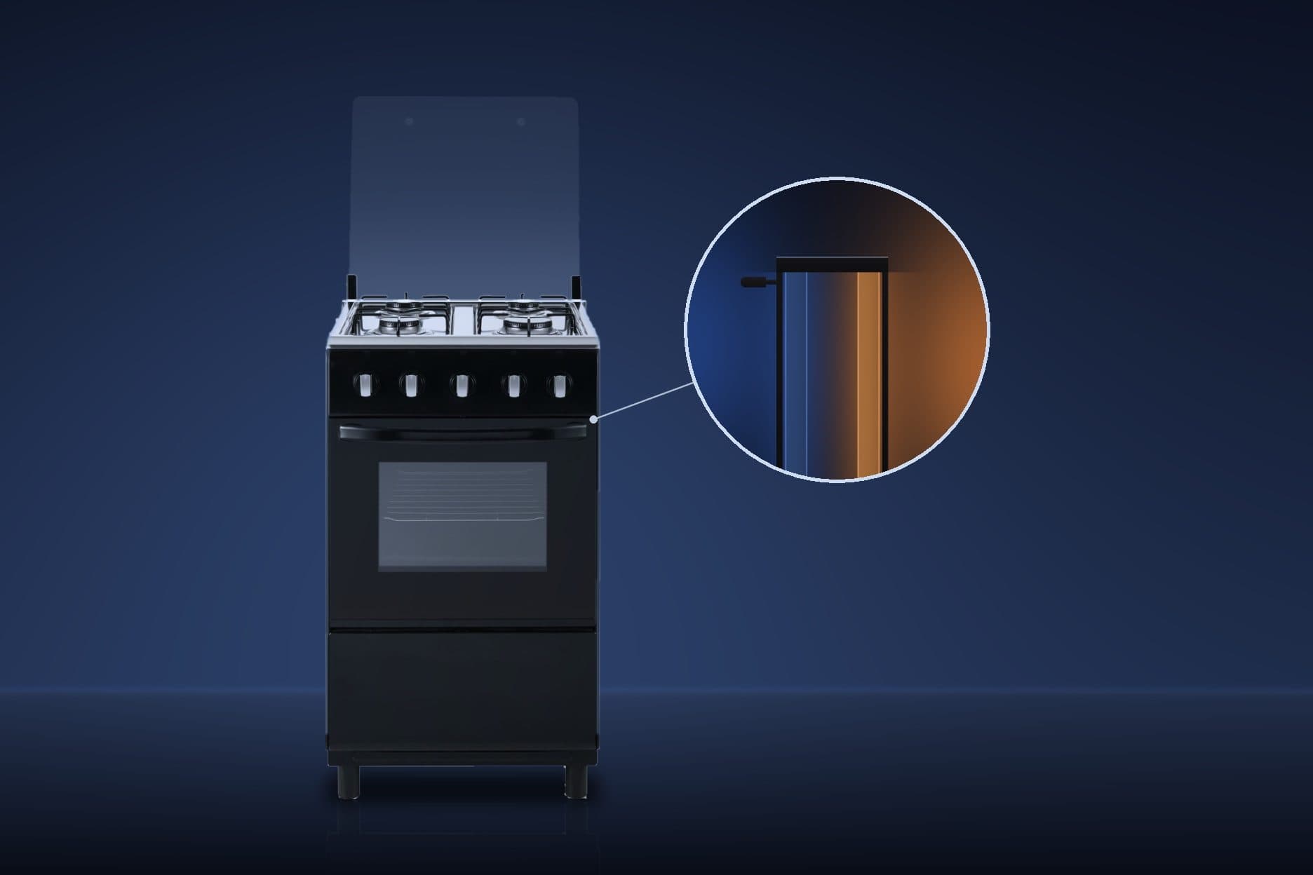 A black freestanding four-burner gas cooker with its clear glass lid raised and five silver-insert knobs on the front stands in a dark navy studio, and a circular cutaway beside it shows the top edge of the oven door with two separate glass panes, the outer one cool blue and the inner one warm amber.