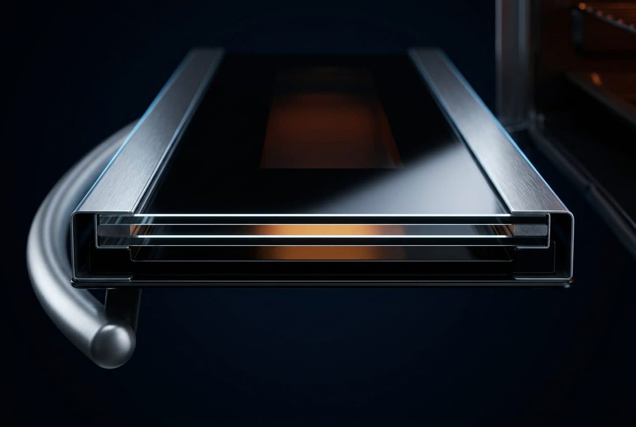A gas cooker's oven door hangs open flat, its black glass front edged in stainless steel, with two parallel panes of glass visible along the front edge and a warm orange glow in the gap between them.