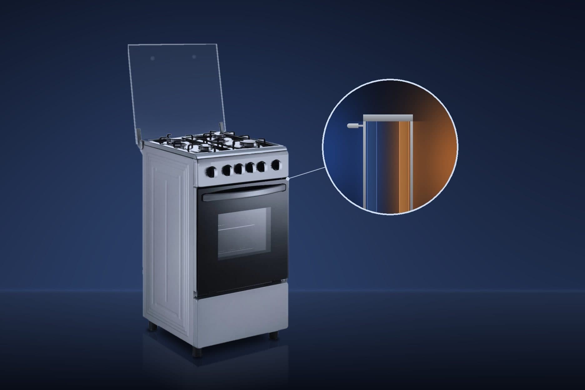 A silver freestanding gas cooker with a raised clear glass lid, four burners under black pan supports, a row of six black knobs and a black glass oven door stands on a reflective floor in a dark navy studio, beside a circular cutaway that shows the door's top edge with a cool blue outer pane and a warm amber inner pane separated by an air gap.