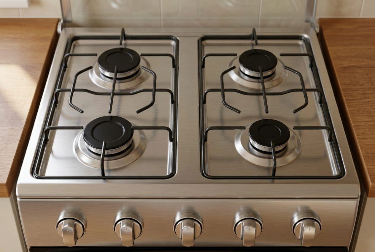 A top-down view of the stainless steel four-burner gas hob with its glass lid propped open, each facing pair of black burner caps sitting under a shared thin bent-wire trivet, with five chrome knobs on the front fascia and a warm wood counter and tiled backsplash visible at the edges.