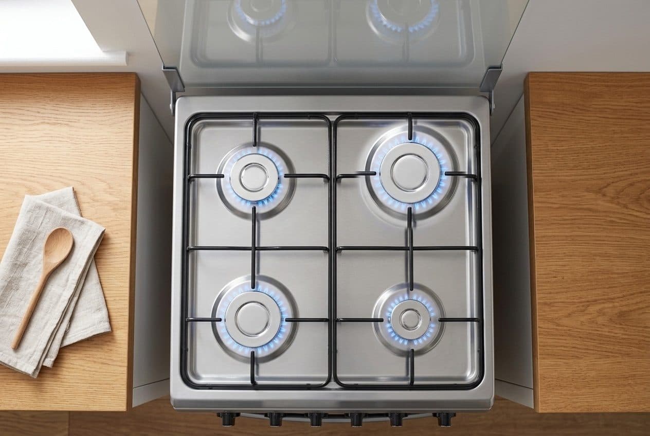 A freestanding stainless gas cooker seen from directly above stands between two wooden worktops, its glass lid raised at the back and all four burners lit with blue flames under black pan supports, with a wooden spoon and a linen cloth on the left worktop.