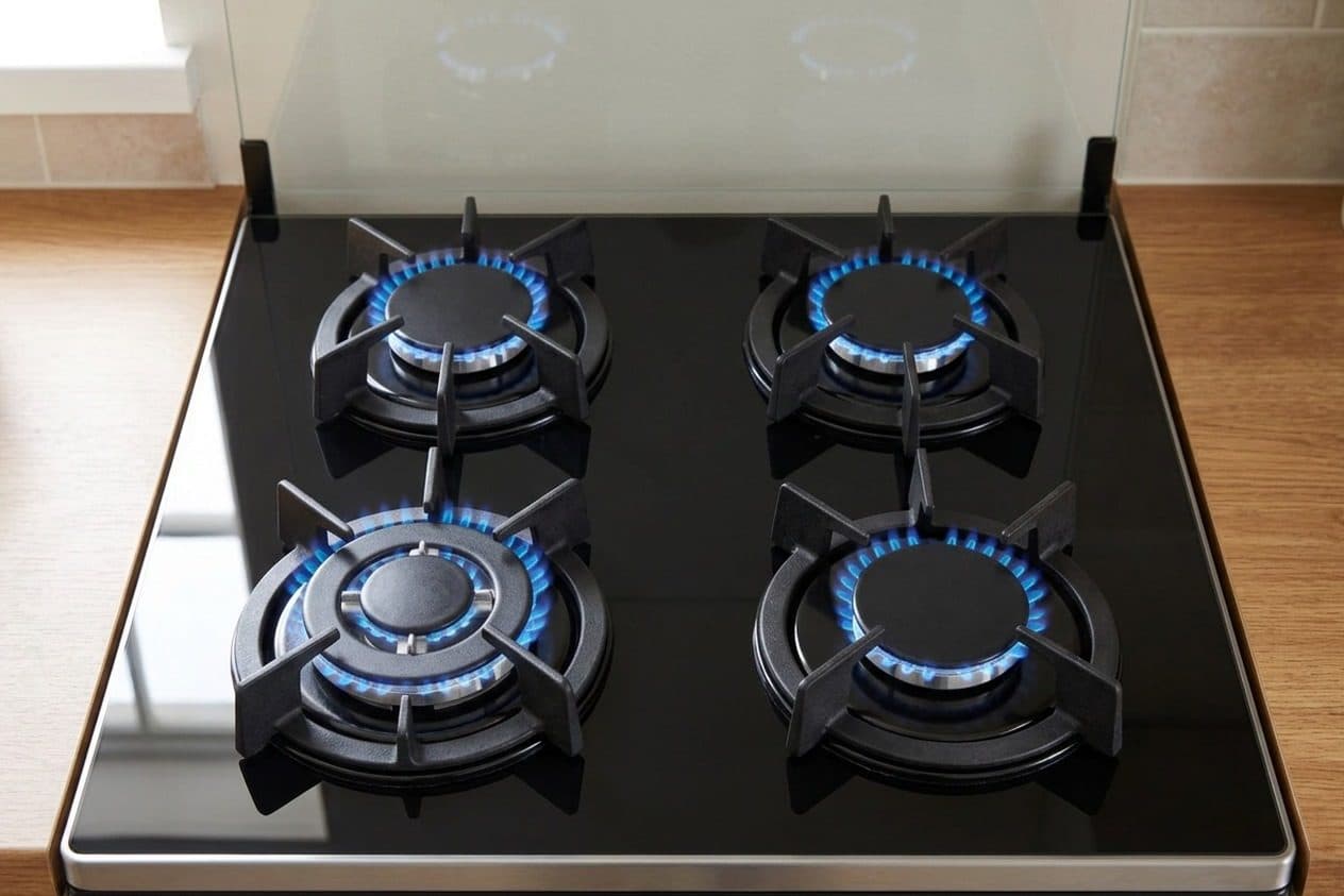 A top-down view of a black glass four-burner gas hob with four separate black pan supports, each burner lit with a blue flame ring, a clear glass splash-back raised behind it and a wooden worktop at both sides.