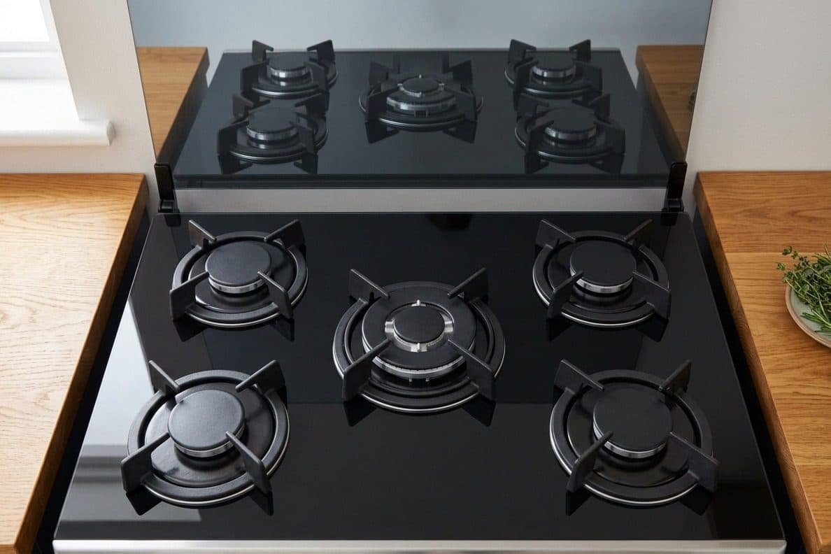 A top-down view of a black gas cooker hob with five burners under black cast-iron supports, set between oak worktops, with its raised mirror lid behind reflecting the burners.