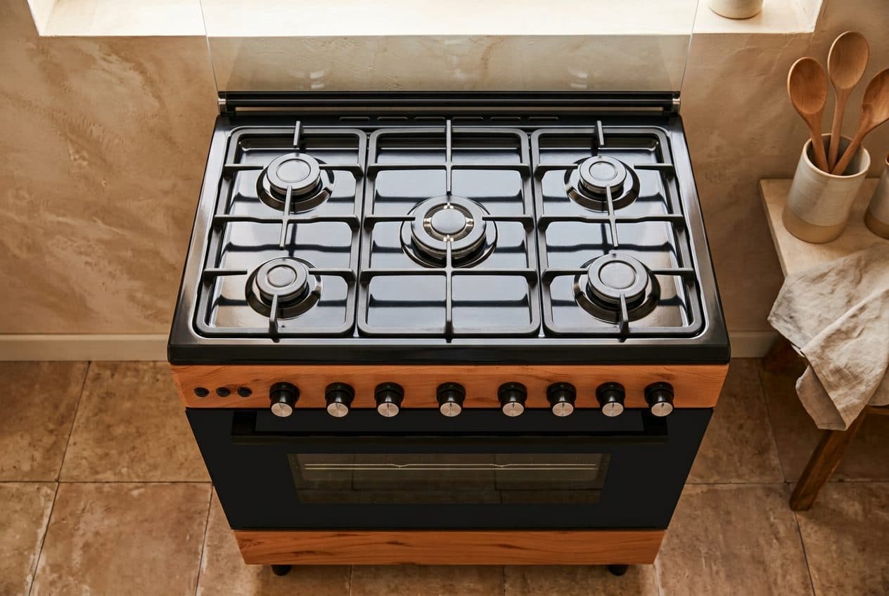 The warm top-down kitchen shot shows the Bruhm range with five gas burners in the correct cross layout, a single row of wood-fascia knobs, and wood-grain limited to the front panel and plinth, matching the reference model closely.