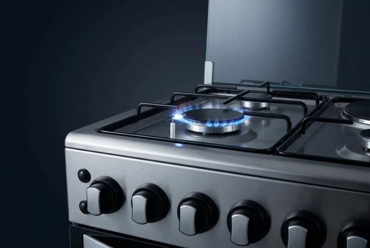 A close-up of a stainless-steel freestanding cooker in a dark navy studio, a small blue spark jumping from a white ceramic electrode to the rim of a gas burner cap ringed with blue flame, a glass lid raised at the back and a row of black knobs with silver grips along the fascia.