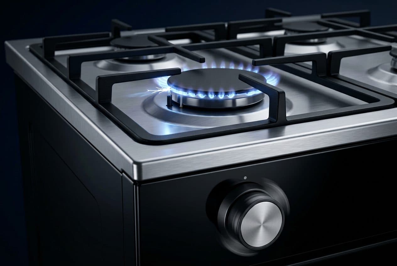 A gas cooker's brushed stainless hob fills the frame with a black cast-iron grate over a lit front burner, a blue flame ring catching around its flat black cap from a bright spark at the electrode, and a stainless-faced control knob turning on the black front fascia below.