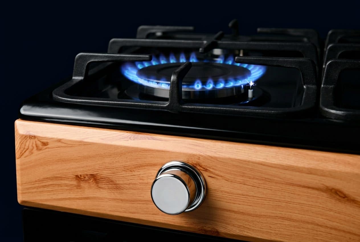 A chrome cylindrical control knob on the cooker's wood-effect front fascia sits below a black cast-iron-grated hob where a ring of blue flame burns on the flat black burner cap, with a bright spark at the electrode beside it, against a near-black navy ground.