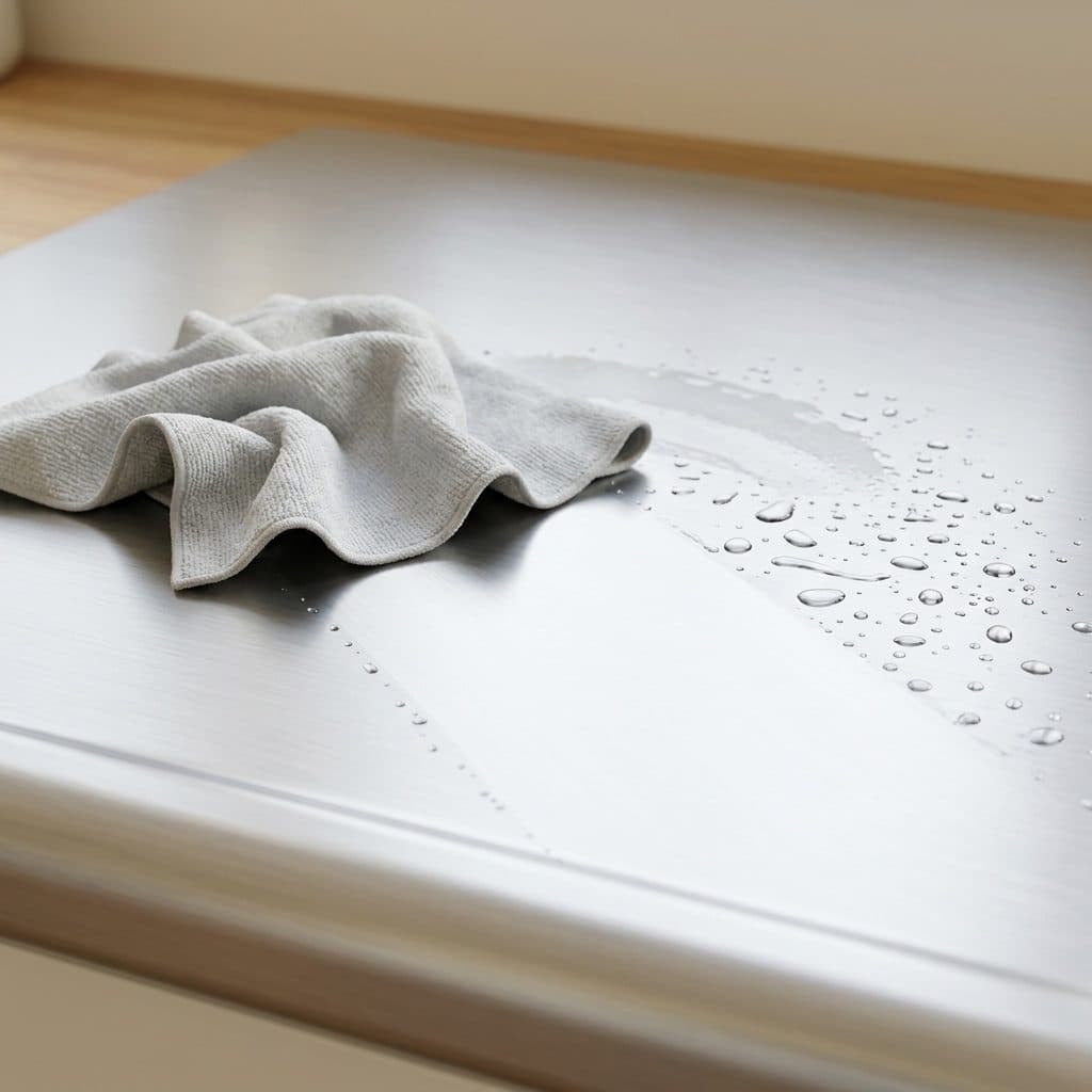 A crumpled grey microfibre cloth sits on a brushed stainless-steel work top with a rounded front lip, beside a wide wiped path with water droplets and a thin leftover smear, in a warm kitchen with a wooden counter and cream wall.