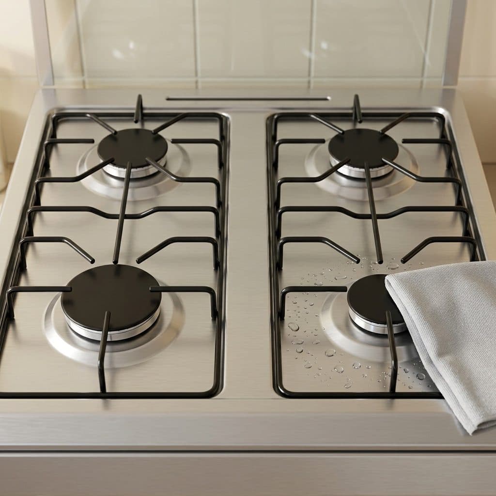A brushed stainless-steel cooker top with four flat black burners under two square black wire pan supports, water droplets beaded around the front-right burner, a folded grey cloth resting on its edge, and an open glass lid in front of cream wall tiles.