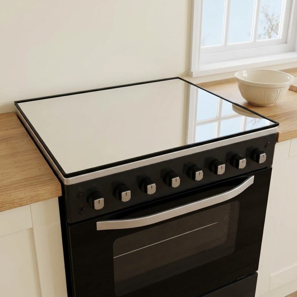 A black freestanding gas cooker with the mirror lid closed flat over the hob sits between oak worktops in a bright cream kitchen, with eight silver-and-black knobs, a chrome oven handle and a bowl by a window.