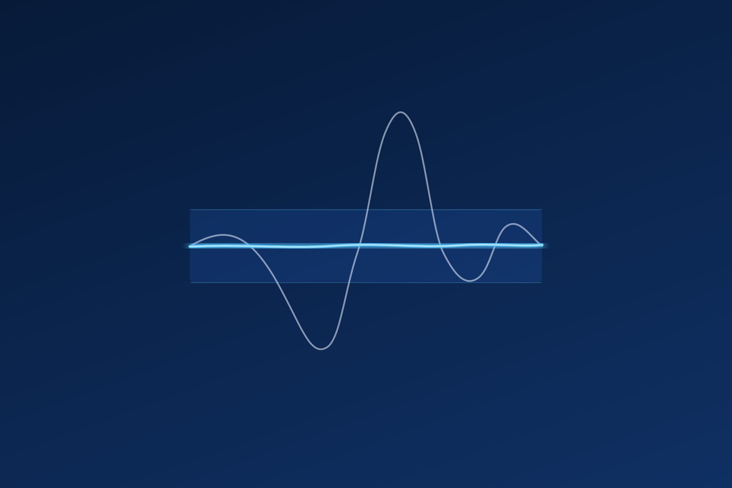 A dark navy chart: an unstable mains waveform sags and spikes across a shaded safe band while a steady glowing blue line holds flat inside it.