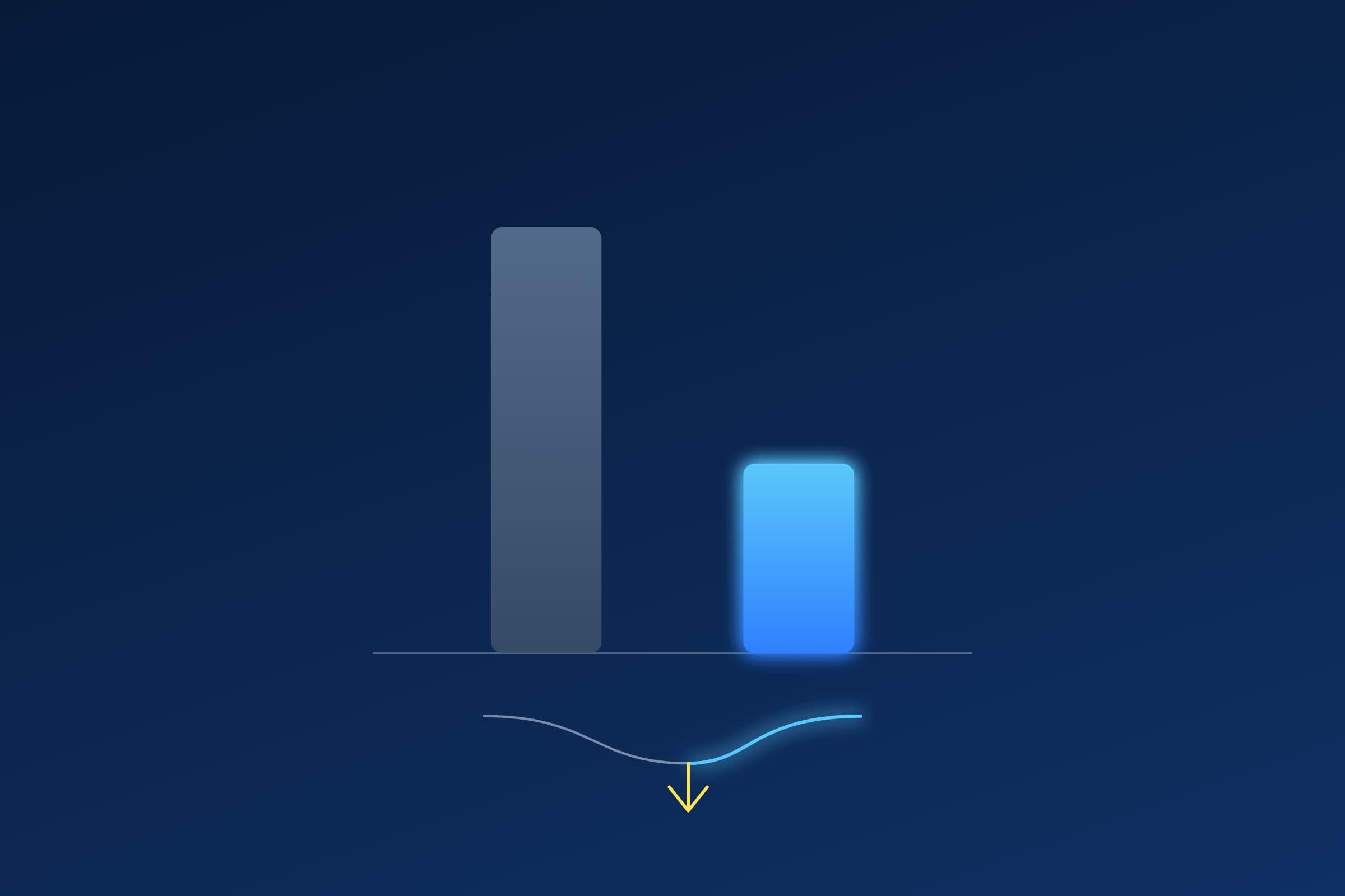 A dark navy chart: two vertical meter bars, a tall dull grey one beside a shorter glowing blue one, with a downward arrow beneath.