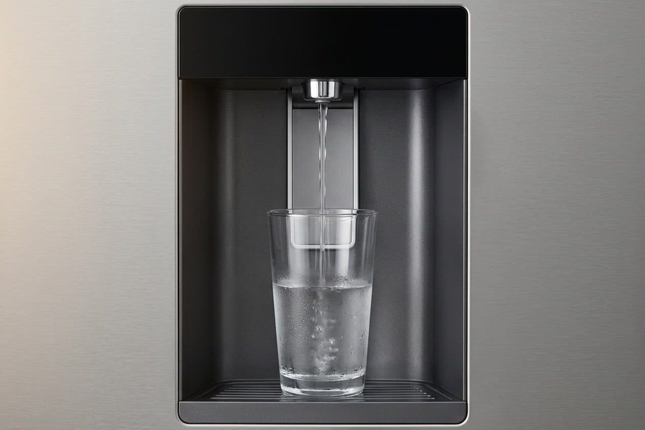 A close-up of a brushed-stainless refrigerator door shows its charcoal water-dispenser bay, where a chrome spout pours a thin stream into a clear glass that rests on a ribbed drip tray, with the glass rim against the silver dispenser paddle.