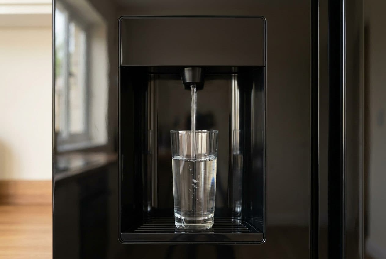 A close-up of the black side-by-side fridge door's in-door water recess, where a stream from the nozzle fills a tall glass standing on the black drip-tray grille, with warm kitchen daylight falling from a window at the left.