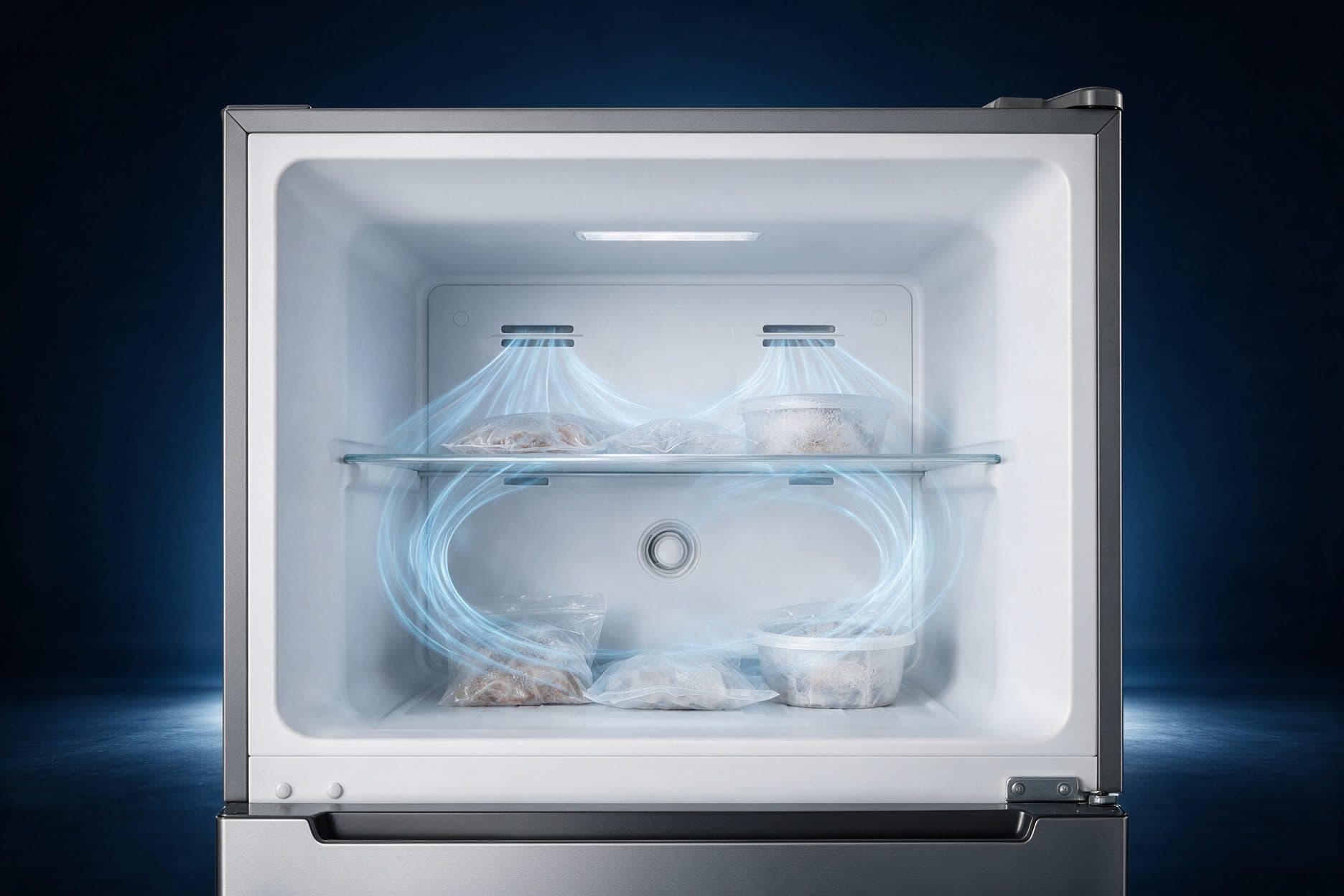 A straight-on view into the open top freezer of a silver top-mount refrigerator, with dry white liner walls, a glass shelf, frozen food in plain bags and tubs, and soft blue air ribbons curving from two rear vents and looping back to the central return, in a lit deep-navy studio.