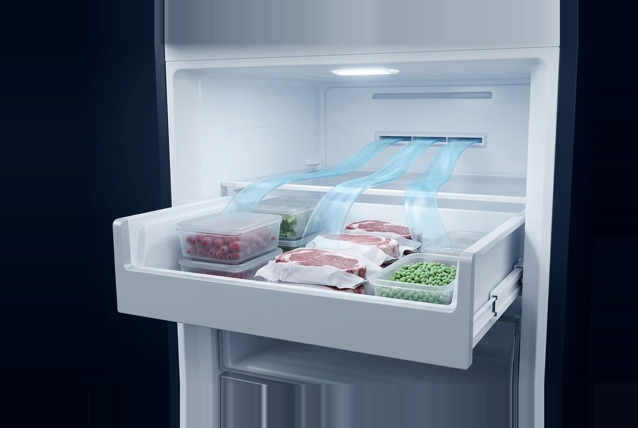 An open white freezer drawer on runners holds berries, wrapped steaks and peas, with three pale blue air ribbons flowing from the rear vent of the lit cavity over the food, against a dark navy surround.