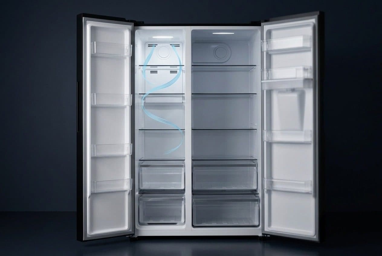 An open side-by-side refrigerator with both doors swung wide stands in a dark navy studio. Its narrow, brightly lit freezer half on the left has two ice-blue air ribbons curving down inside it. A dimmer, wider fridge half sits beside it, and both halves have clear drawers at the bottom.