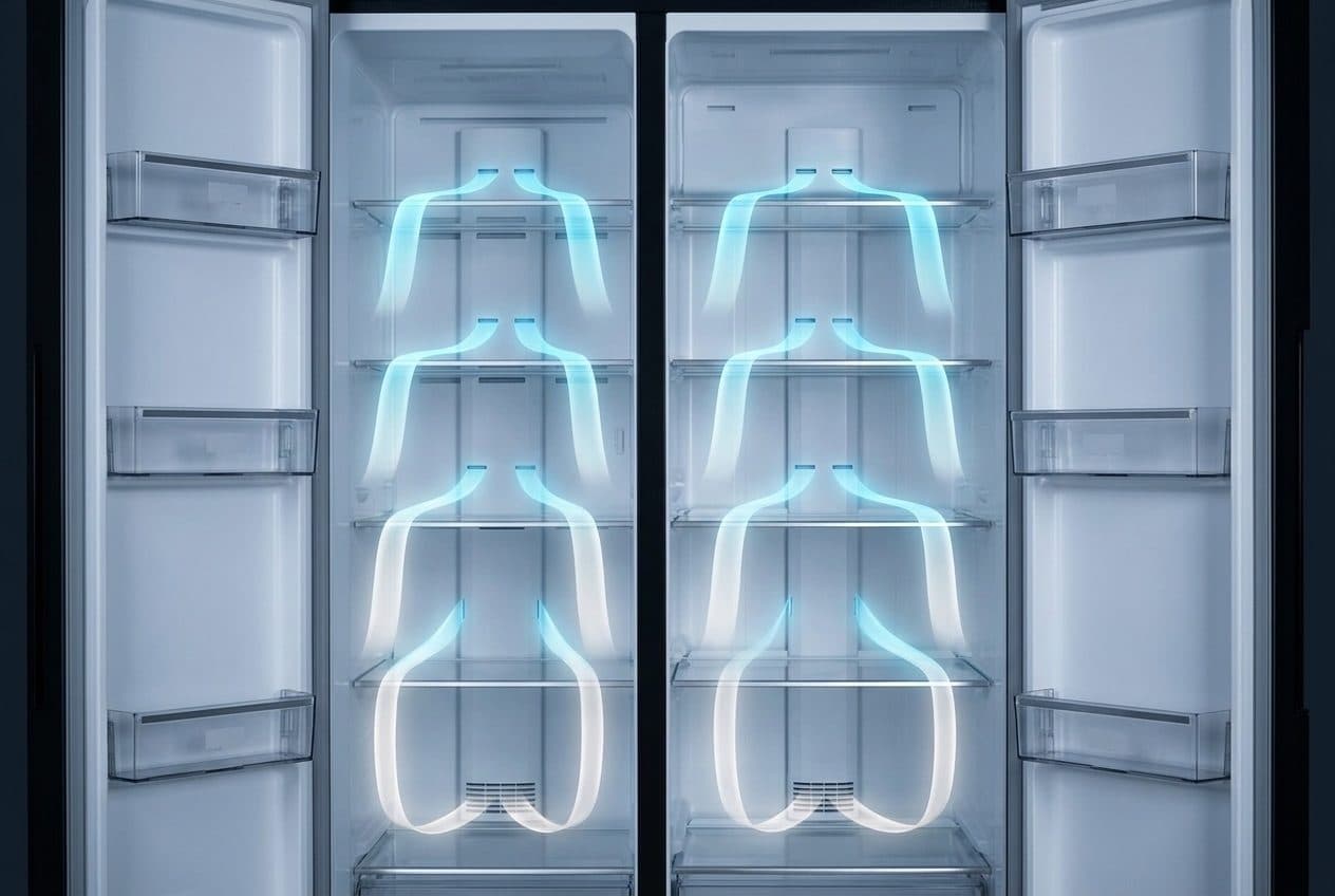 Two tall, narrow open fridge compartments sit side by side, split by a dark centre divider, with level glass shelves and the open doors' inner liners and bins at both sides, while glowing blue-white air ribbons run down from duct slots and loop back to a low return grille at the foot of each compartment.