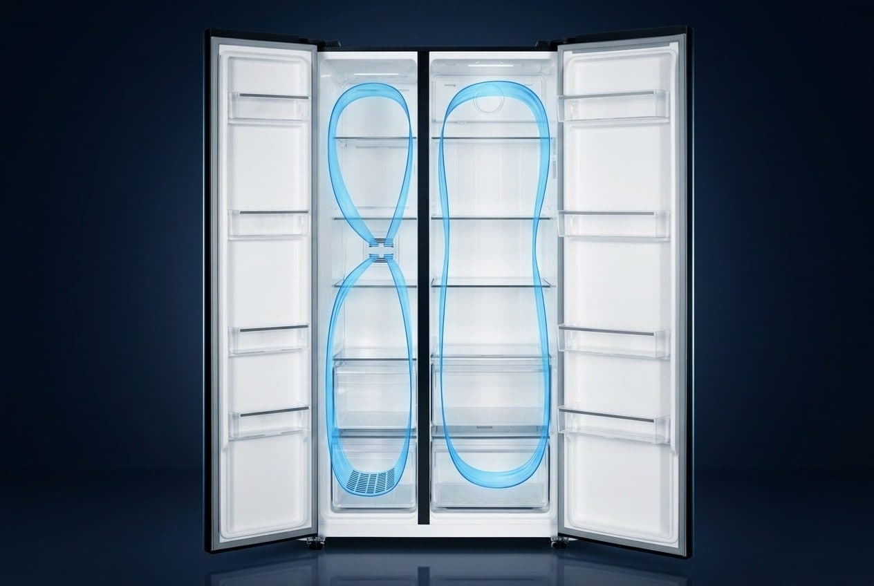 A black side-by-side fridge stands on a lit navy studio floor with both doors open and two tall empty compartments, each with its own translucent blue air loop running past the shelves.