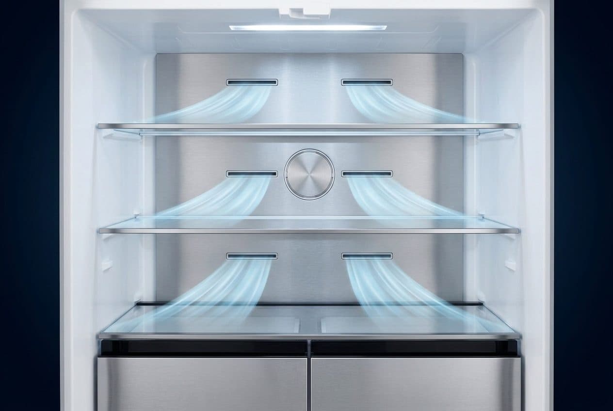 A front-on view of an empty fridge upper compartment with a flat stainless back wall and three glass shelves, each with a pair of slot vents blowing smooth blue air ribbons over the shelf below, on a deep navy ground.