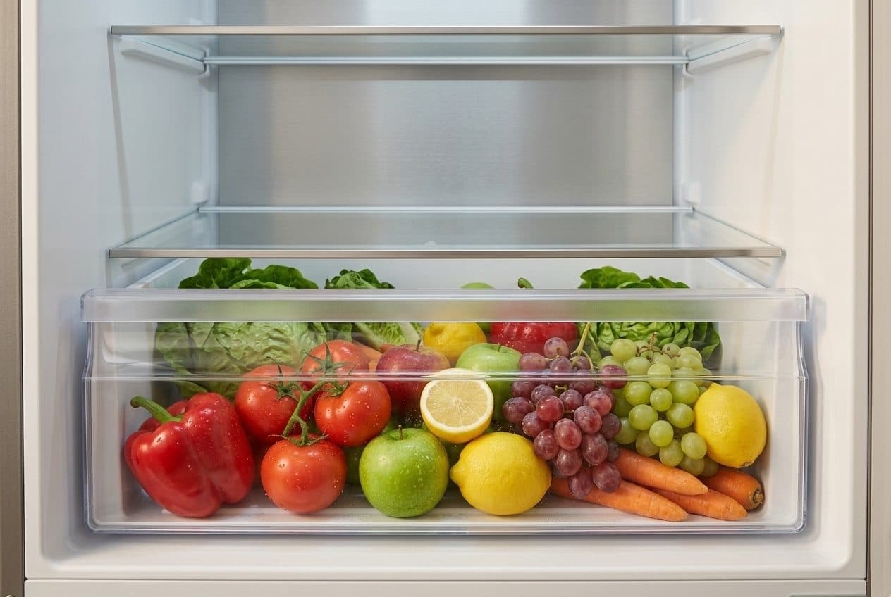 A straight-on view of an open fridge interior showing a single wide transparent crisper drawer, pulled out slightly and heaped with tomatoes, peppers, apples, lemons, grapes, carrots and lettuce, under two glass shelves in a white liner.