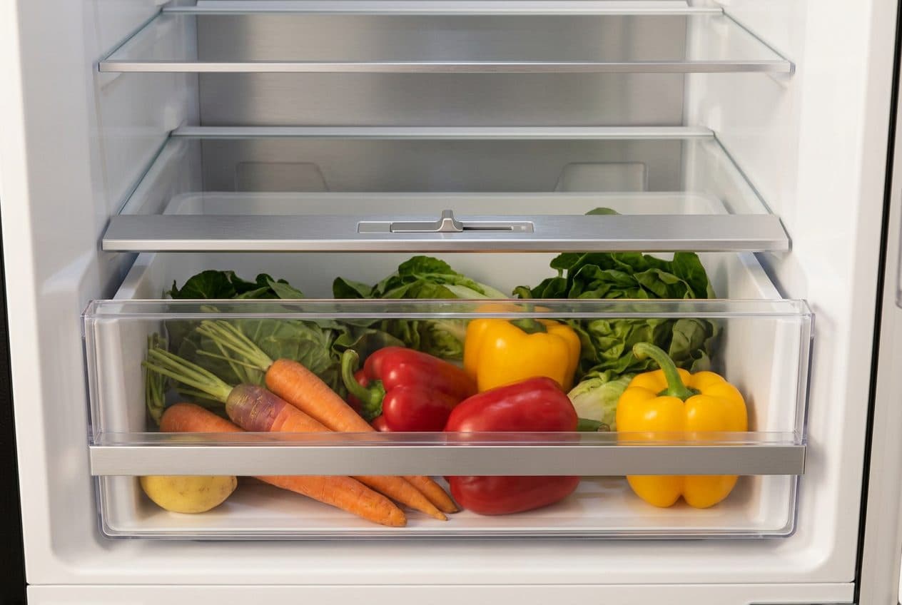 An open refrigerator crisper drawer filled with fresh vegetables sits below a metal rail that holds a slider-style mode control.