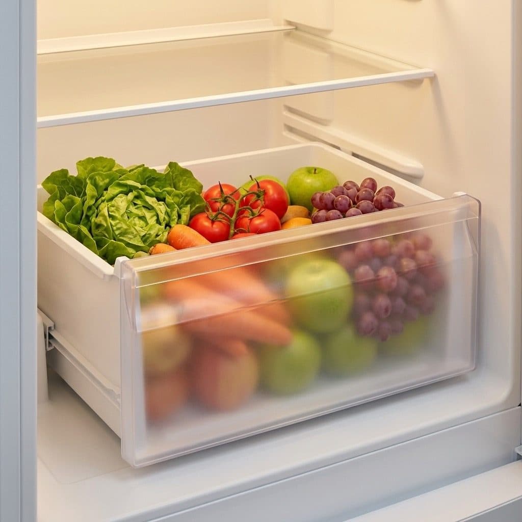 A frosted-front crisper drawer slides out on runners inside a cream-lit fridge liner, filled with lettuce, tomatoes, apples, grapes and carrots, with an empty shelf above it.